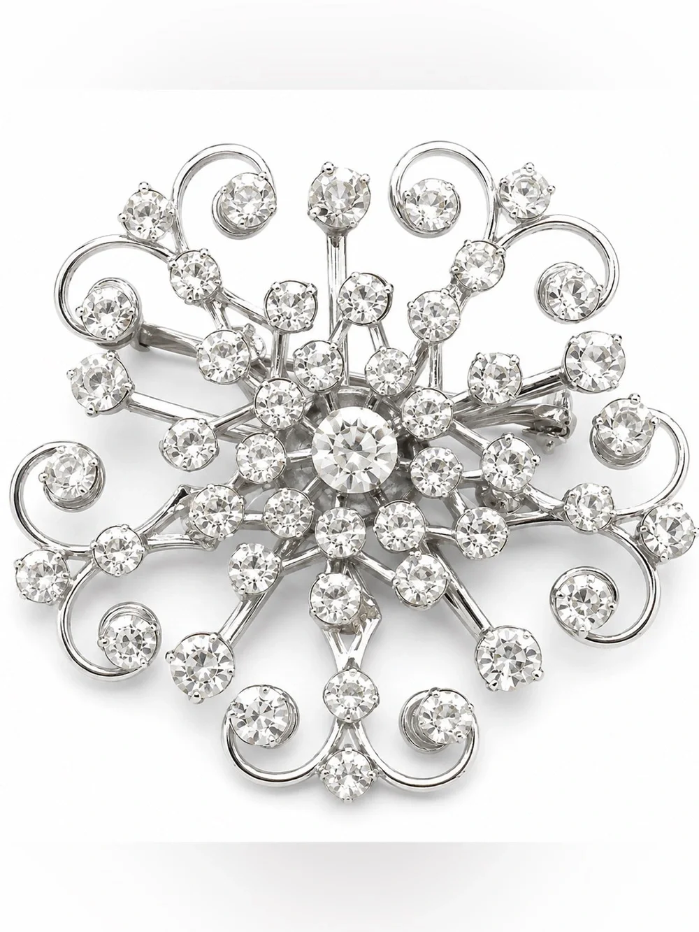 Vintage Clear Rhinestone Snowflake Starburst Brooch Silver Tone Pin